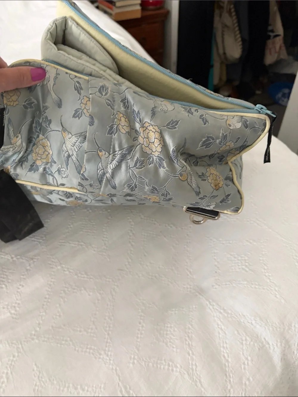 Petunia Pickle Bottom Blue Floral Crossbody Baby Bag with Black Strap